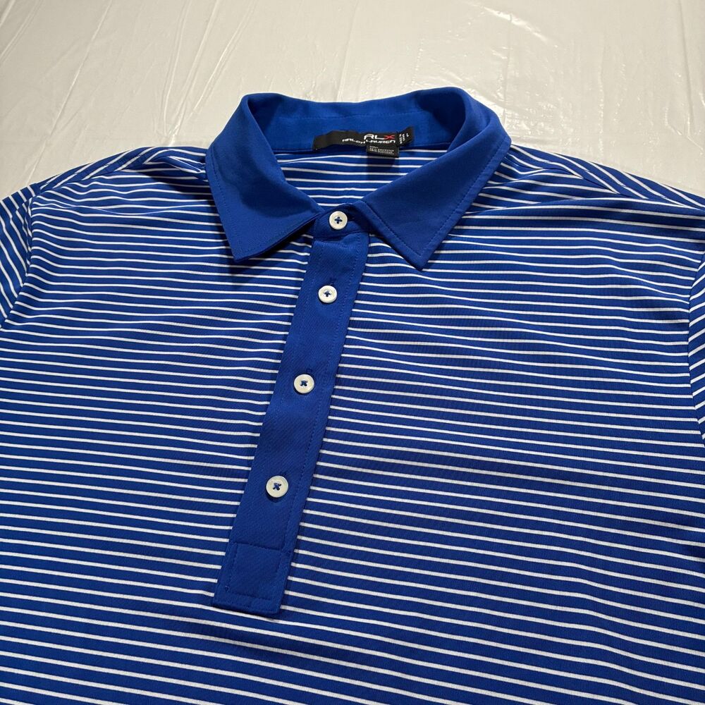 RLX Ralph Lauren Golf Polo Blue Striped Large Yellow Logo